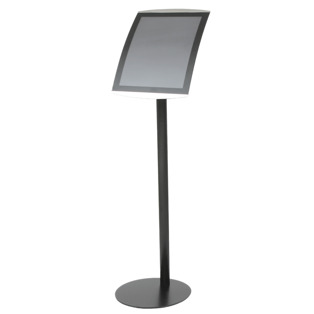 Full height view of black floor-standing A3 size sign holder